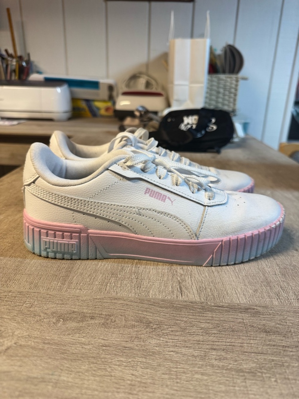 Puma White Sneakers with Pink-to-Teal Gradient Sole